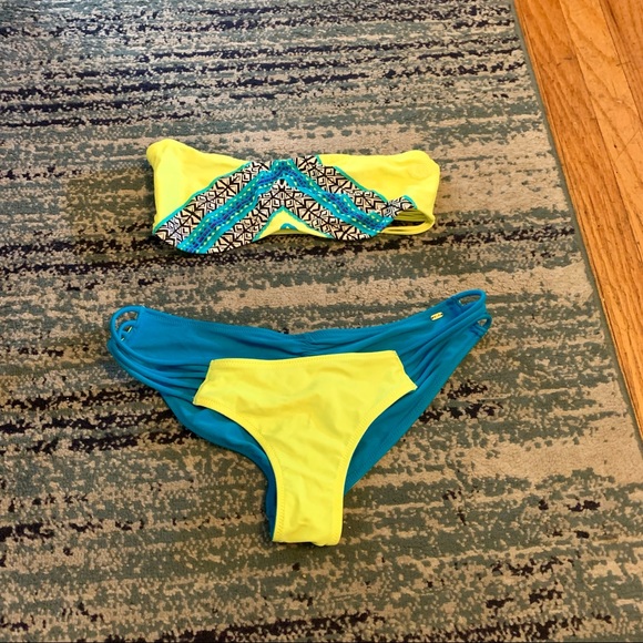 Blue and Neon Yellow Strappy Rip Curl Bikini, Sz M - Picture 9 of 13